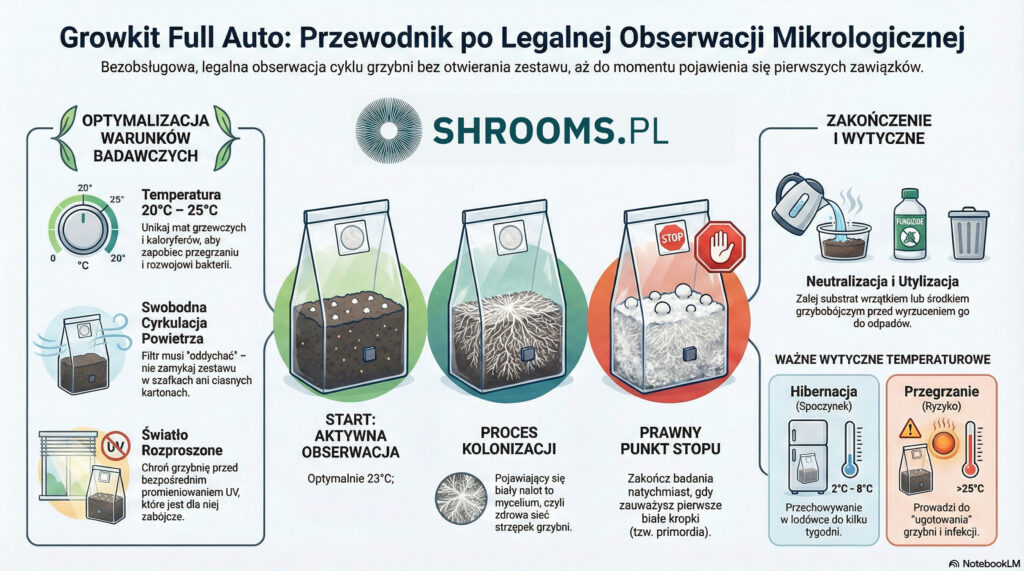 Szczegółowa infografika i instrukcja "Growkit Full Auto: Przewodnik po Legalnej Obserwacji Mikrologicznej". Obraz przedstawia instrukcję obsługi growkitu, w tym optymalne warunki badawcze (temperatura 20-25°C, wentylacja, światło), przebieg kolonizacji grzybni (mycelium), prawny punkt stopu obserwacji oraz wytyczne dotyczące hibernacji i utylizacji zestawu.