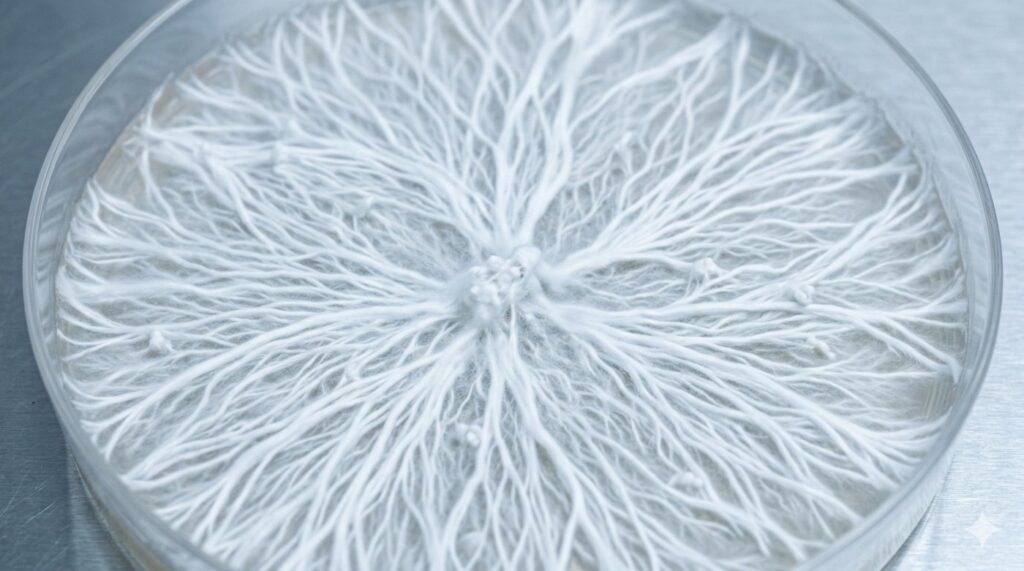 Zbliżenie na gęstą, ryzomorficzną grzybnię Psilocybe cubensis Golden Teacher rozwijającą się na szalce Petriego w sterylnych warunkach laboratoryjnych.