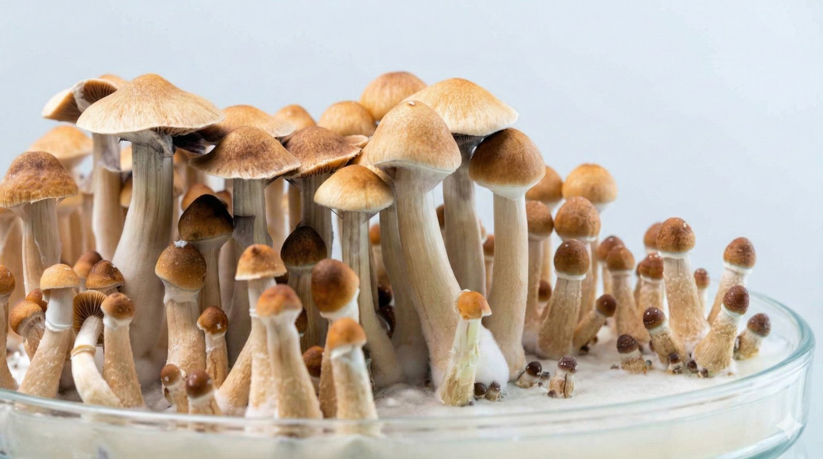 Dojrzała grzybnia Psilocybe cubensis odmiany Golden Teacher w sterylnych warunkach laboratoryjnych