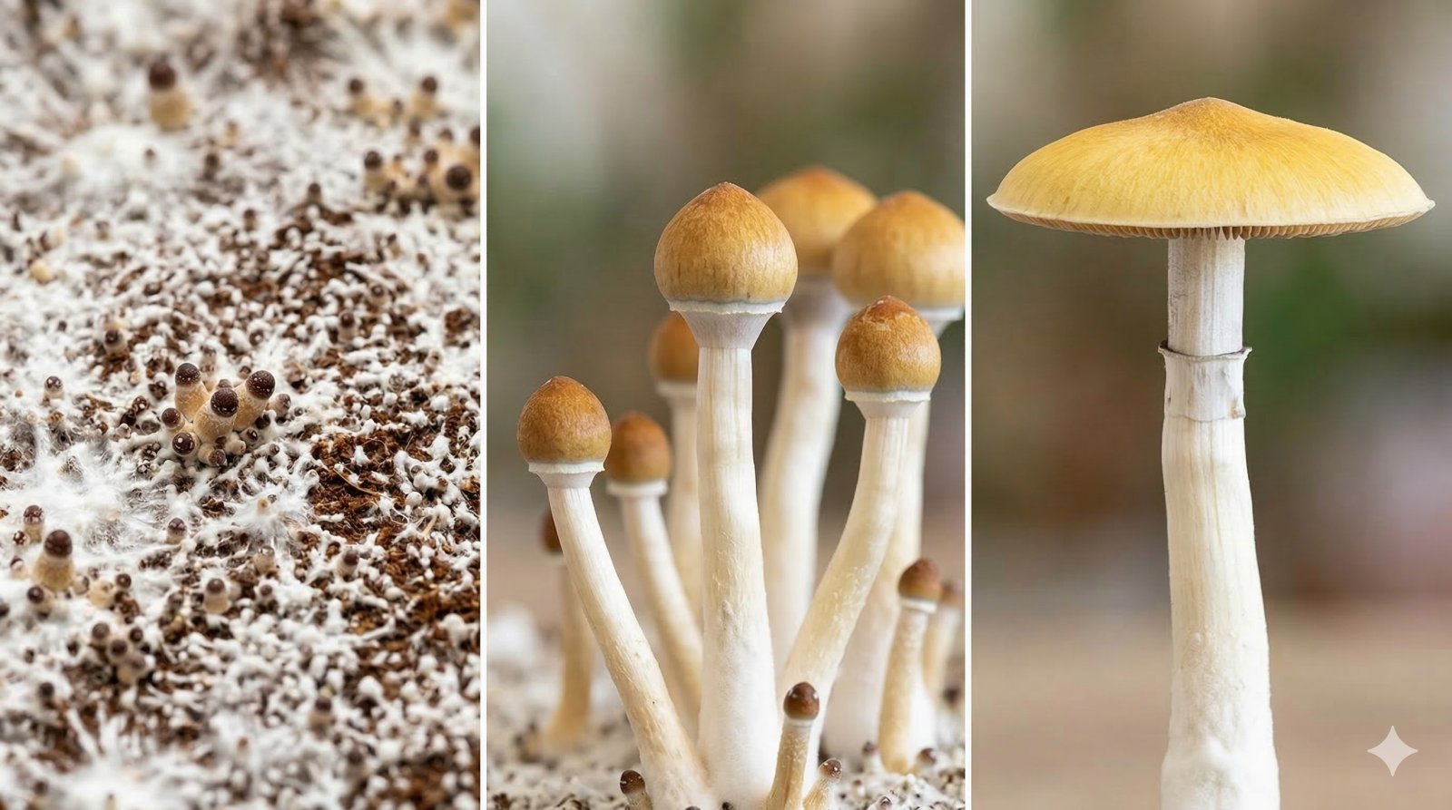 Trzy etapy morfologiczne Psilocybe cubensis: biała grzybnia z primordiami, młode osobniki oraz dojrzały grzyb Łysiczka Kubańska – analiza mykologiczna.
