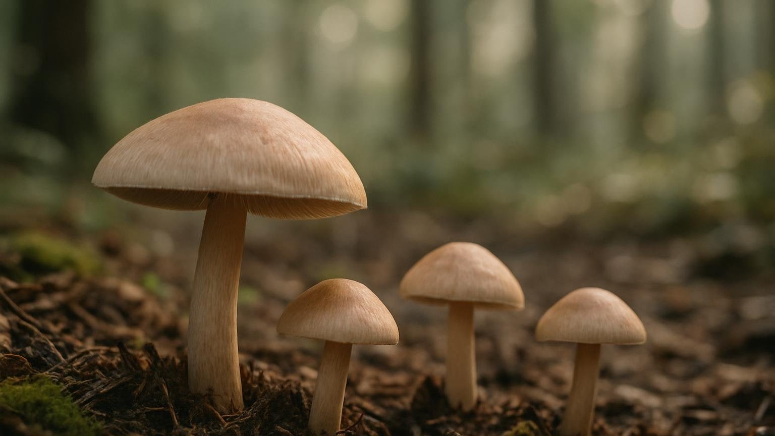 Grzyby na leśnej ściółce w zbliżeniu — ilustracja do artykułu o odmianach Psilocybe cubensis
