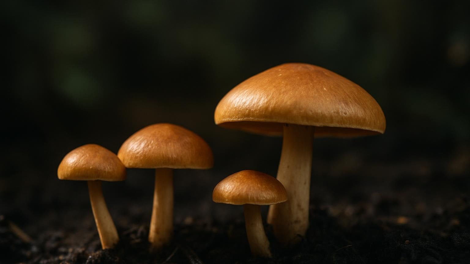 Zbliżenie grzybów o złocistobrązowych kapeluszach na ciemnym podłożu, czyli wygląd, któremu szczep Golden Teacher zawdzięcza pierwszy człon nazwy