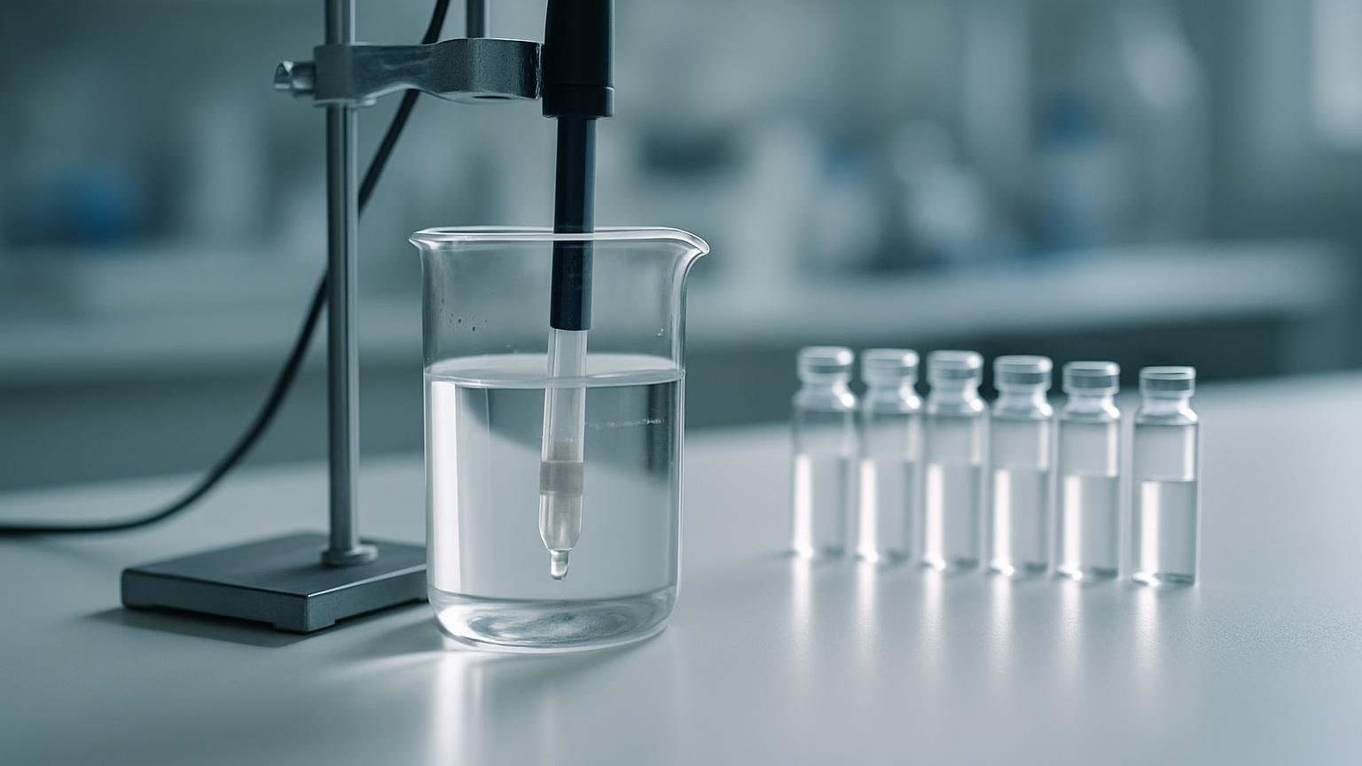 Elektroda pehametru zanurzona w zlewce z jasnym roztworem na laboratoryjnym blacie, ilustracja do tekstu o lemon teku i chemii psylocybiny