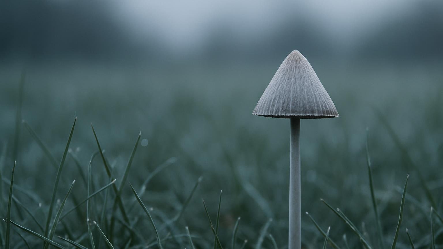 Smukły grzyb o stożkowatym kapeluszu w trawie - łysiczka lancetowata, którą polskie prawo obejmuje przez zakaz psylocybiny