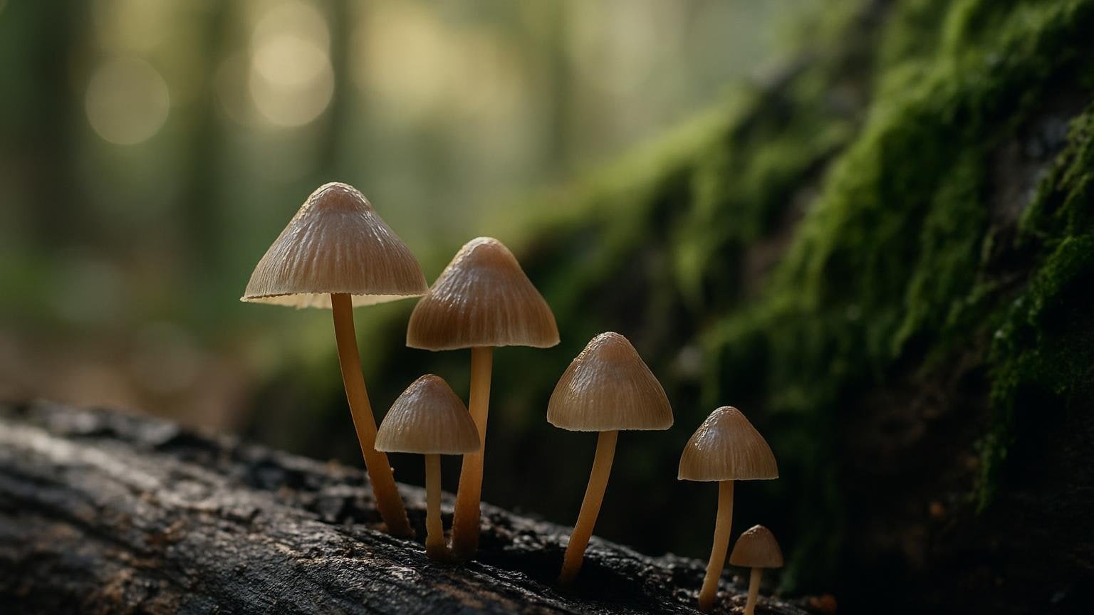 Grzyby na rozkładającym się drewnie w lesie — ilustracja do artykułu o tym, po co grzybom psylocybina