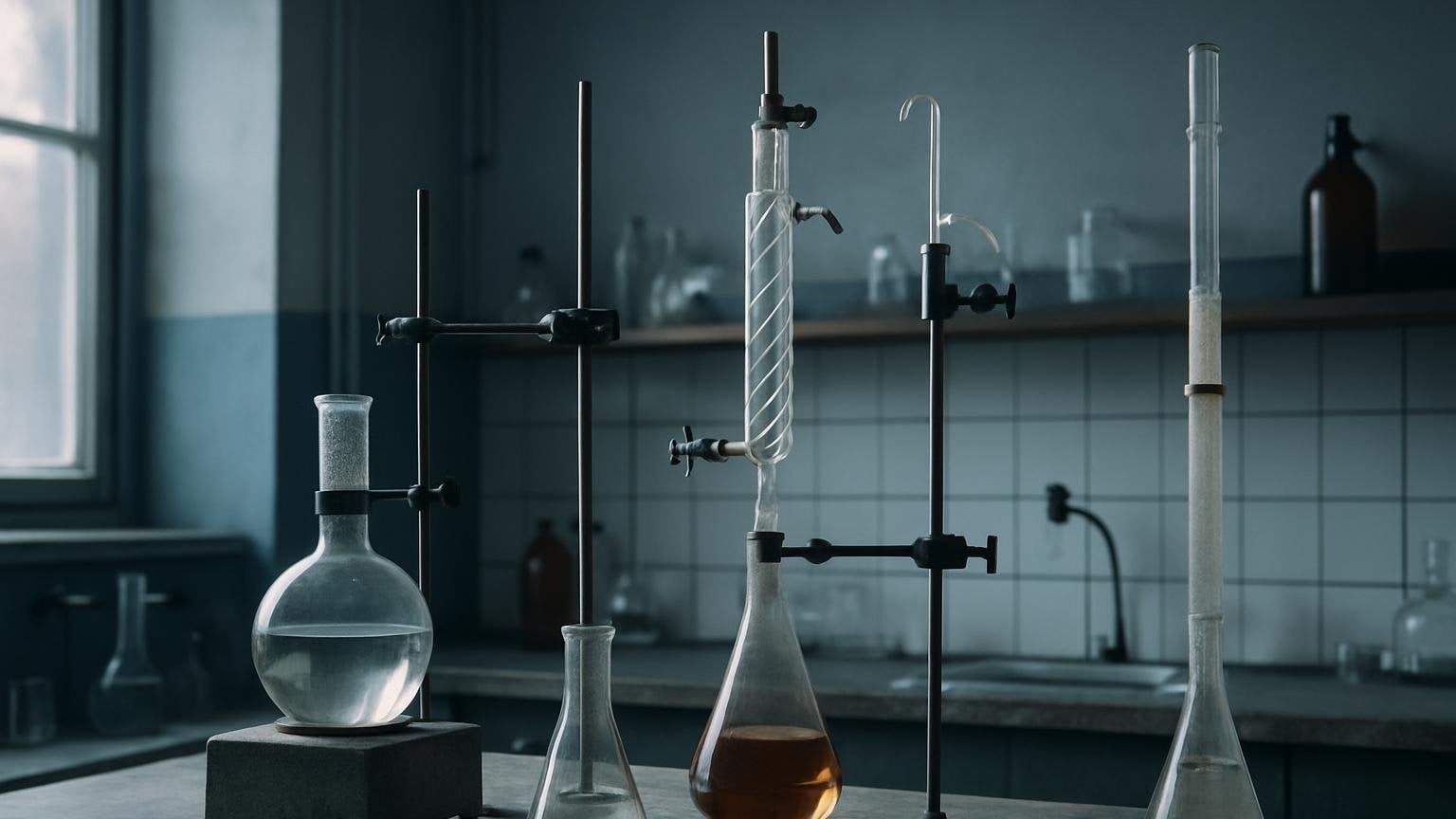 Szklane kolby i kolumna chromatograficzna na blacie dawnego laboratorium chemicznego, ilustracja do artykułu o Psilocybe mexicana i odkryciu psylocybiny