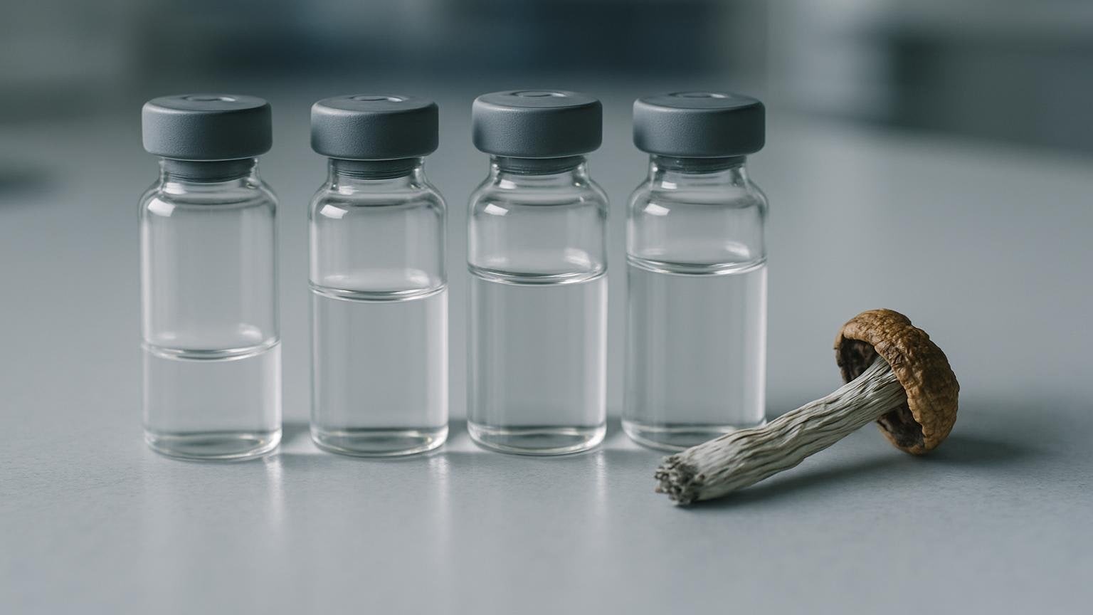 Rząd małych szklanych fiolek o rosnącym poziomie płynu obok fragmentu suszonego grzyba psylocybinowego na stole laboratoryjnym. Ilustracja do artykułu „Psylocybina a depresja lekooporna: stan badań w 2026 roku”.