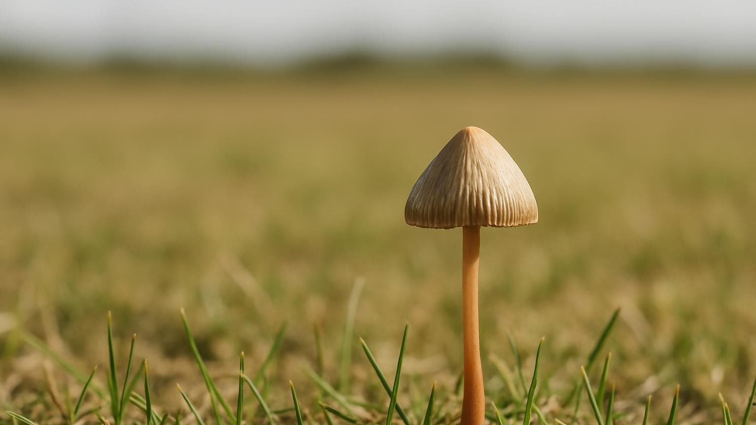 Mały grzyb rosnący pojedynczo na krótko skoszonej trawie otwartej murawy. Ilustracja do artykułu „Ekologia łysiczki lancetowatej: siedlisko to murawa, nie las”.