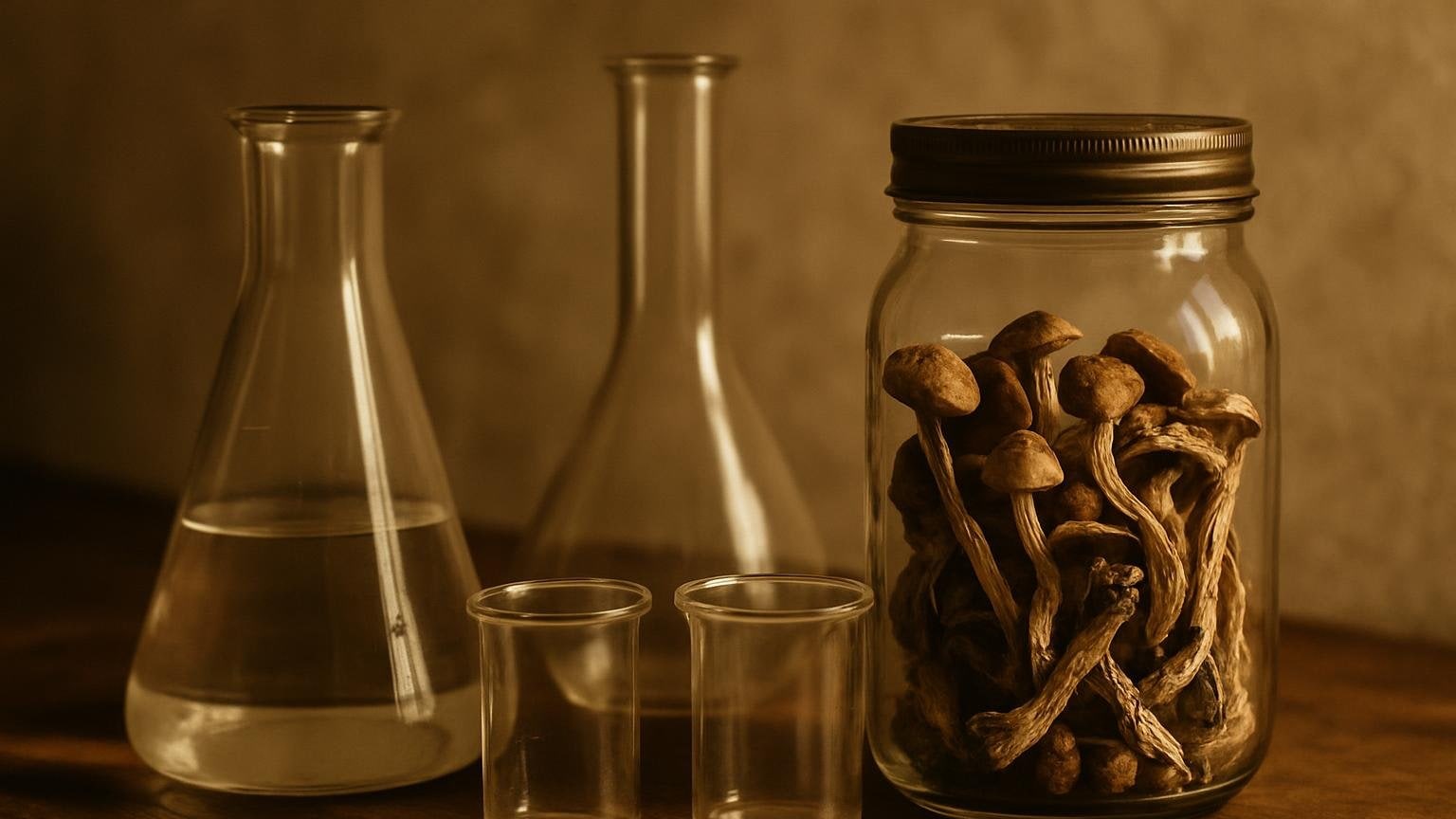 Stylizowane na połowę XX wieku szklane naczynia chemiczne i słój z wysuszonymi grzybami na drewnianym stole laboratoryjnym. Ilustracja do artykułu „Kto wyizolował psylocybinę: Hofmann i rok 1958”.
