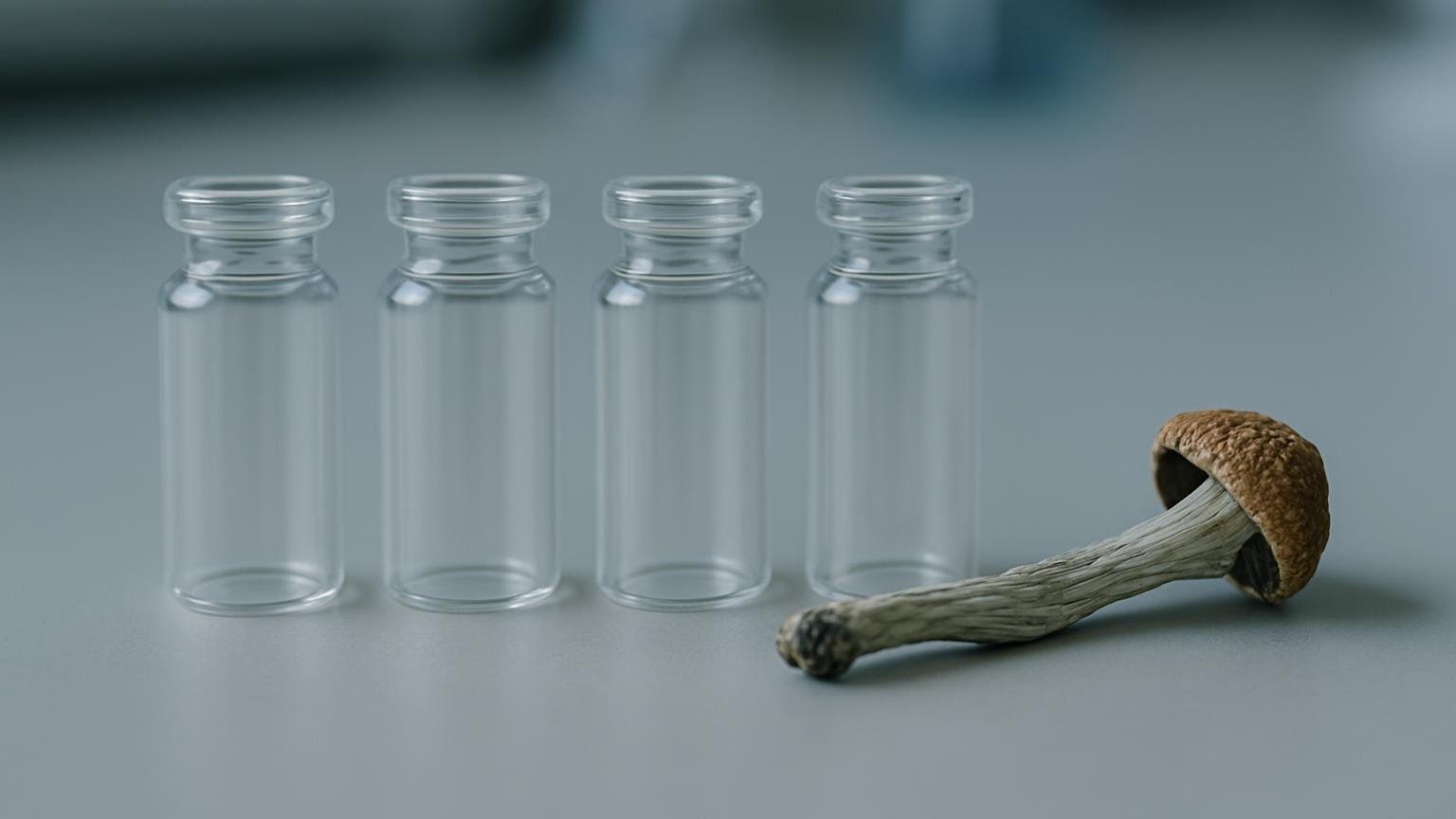 Cztery małe szklane fiolki ustawione w rzędzie obok fragmentu suszonego grzyba psylocybinowego na stole laboratoryjnym. Ilustracja do artykułu „Jak grzyb produkuje psylocybinę: cztery enzymy z klastra psi”.