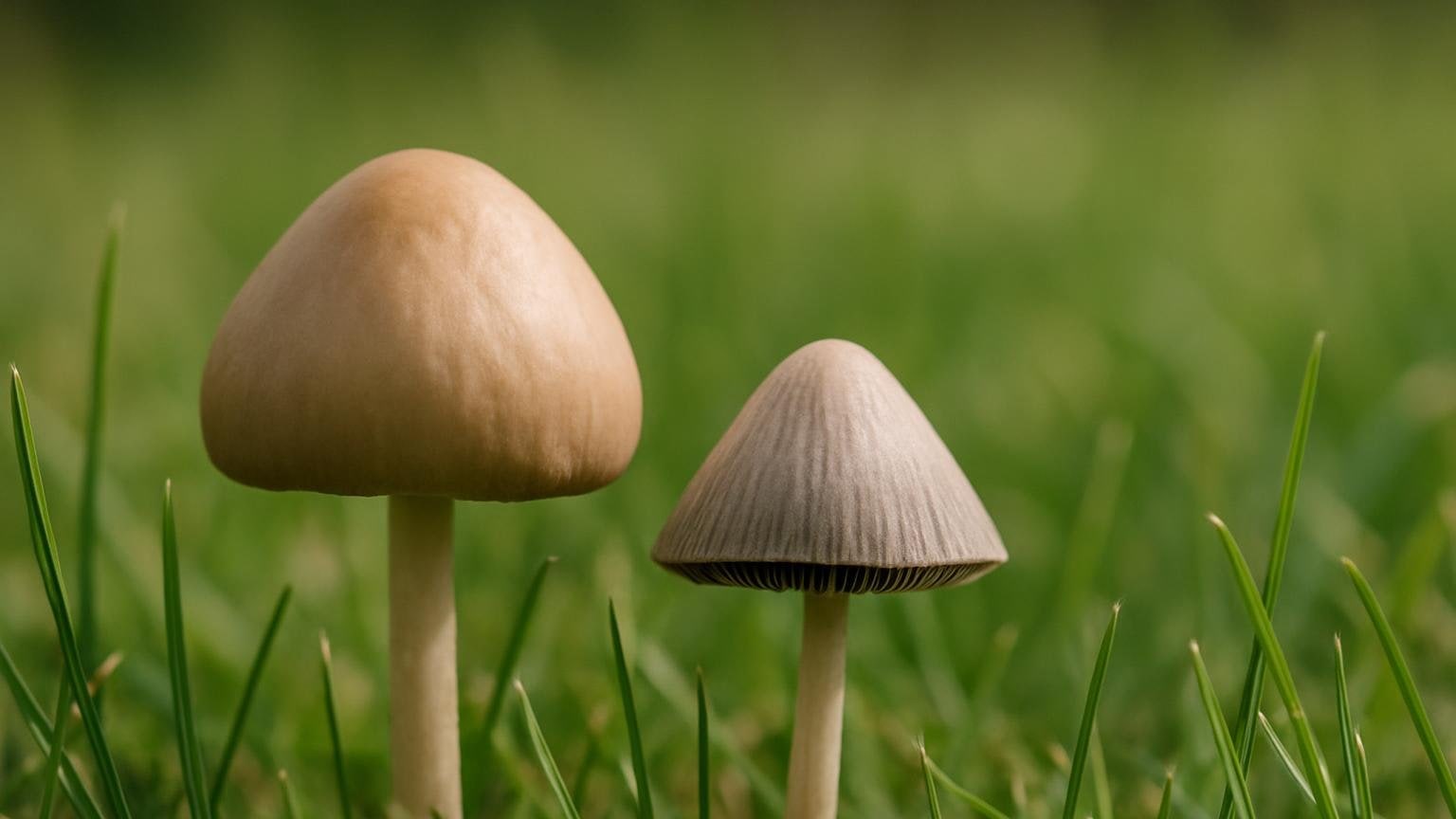 Dwa różne małe grzyby rosnące obok siebie w trawie łąkowej. Ilustracja do artykułu „Kołpaczek dzwonkowaty a łysiczka: różnice gatunek po gatunku”.