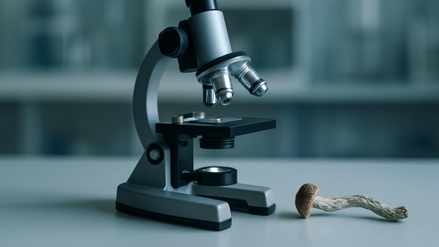 Mikroskop laboratoryjny z preparatem na stoliku, obok niego fragment suszonego grzyba psylocybinowego. Ilustracja do artykułu „Gatunki łysiczki w Europie Środkowej: co rozstrzyga mikroskop”.