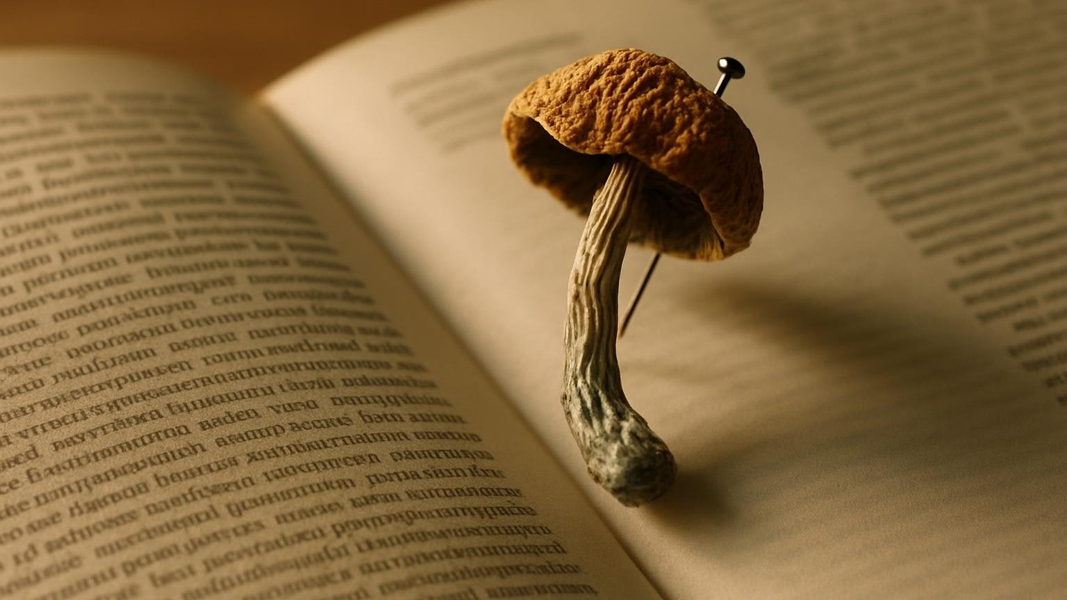 Fragment suszonego grzyba psylocybinowego przypięty obok otwartego czasopisma naukowego z nieczytelnym tekstem. Ilustracja do artykułu „Skąd nazwa McKennaii i kim był Terence McKenna”.