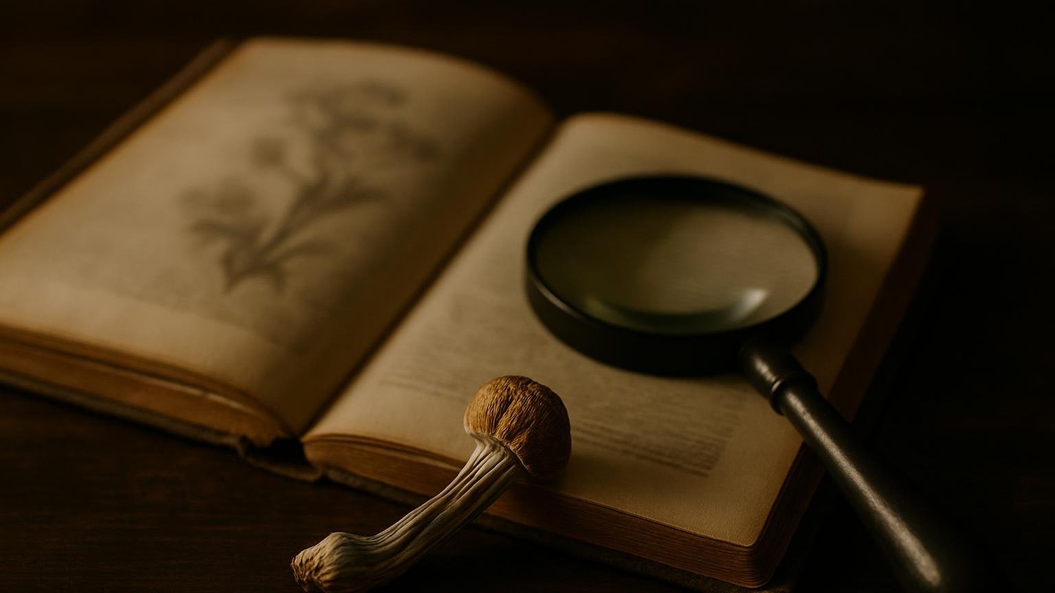 Stara książka z rozmytą ryciną botaniczną i szkło powiększające leżące obok fragmentu suszonego grzyba psylocybinowego. Ilustracja do artykułu „Pierwsze zatrucie grzybami psylocybinowymi: Londyn, 1799 rok”.