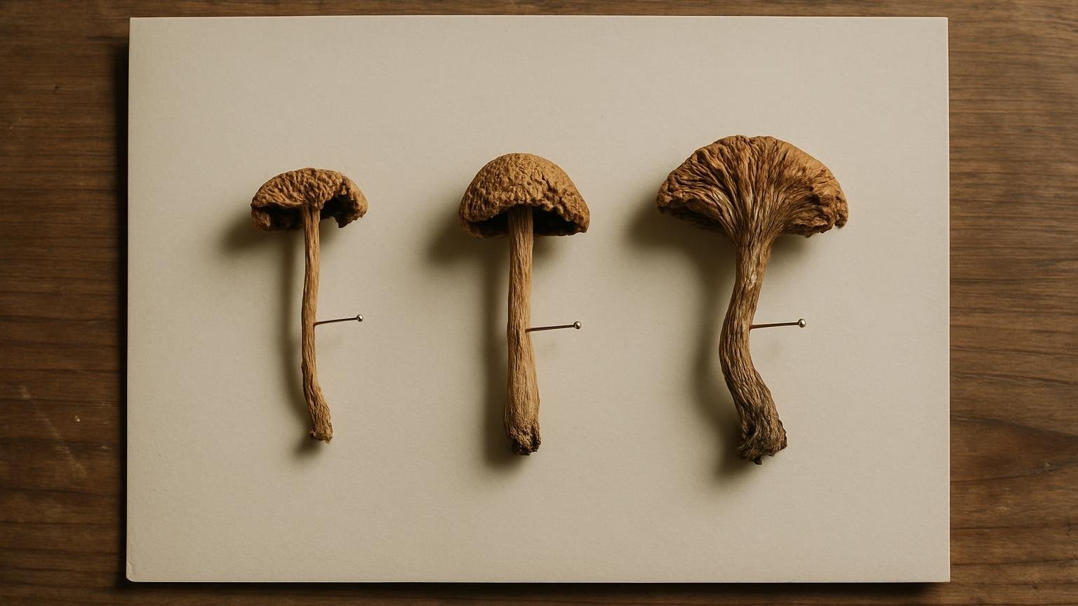 Trzy wysuszone grzyby przypięte do pustych kart zielnikowych ułożonych w rzędzie na stole. Ilustracja do artykułu „Psilocybe z Ameryki Północnej: trzy gatunki, trzy drogi do nazwy”.