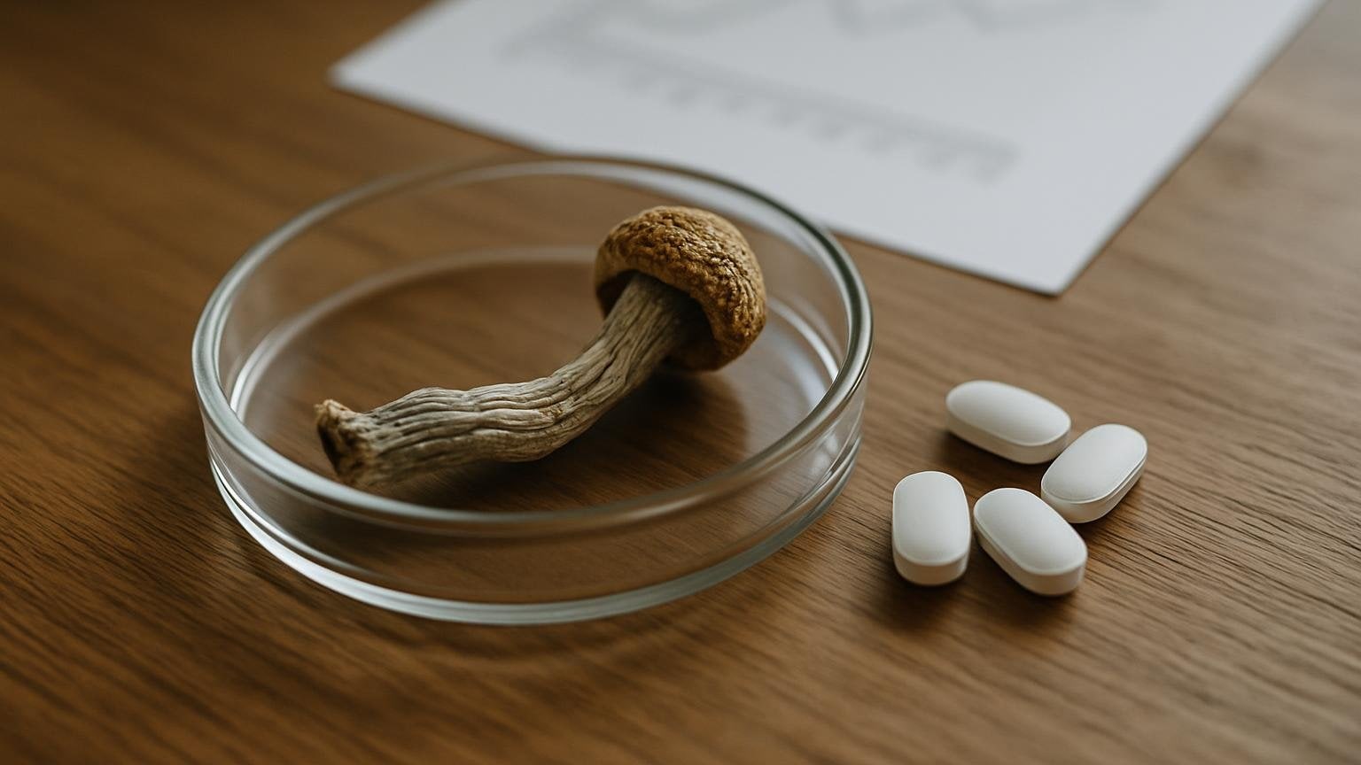 Szalka laboratoryjna z fragmentem suszonego grzyba psylocybinowego obok kilku białych tabletek bez nadpisów na drewnianym biurku badacza. Ilustracja do artykułu „Psylocybina a leki przeciwdepresyjne: problem badawczy”.
