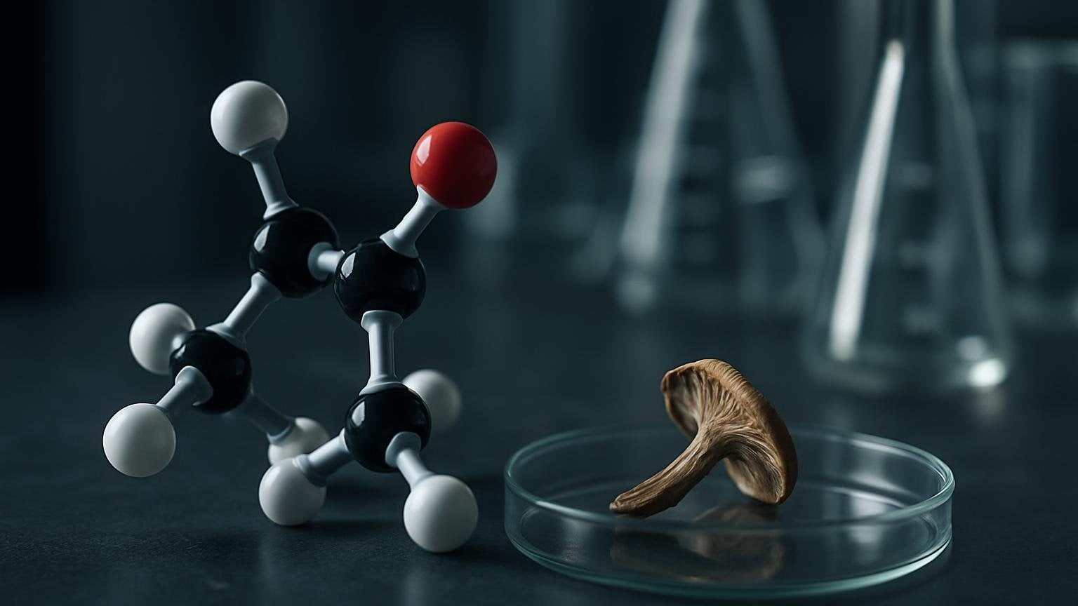 Model molekularny kulka-pręt obok małej szalki z fragmentem suszonego grzyba psylocybinowego na stole laboratoryjnym. Ilustracja do artykułu „Psylocybina a LSD: dwie cząsteczki, dwa mechanizmy”.